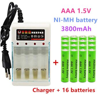 Aaa 1.5V Oplaadbare Batterij 3800Mah Alkaline Batterij Zaklamp Speelgoed Horloge MP3 Speler Vervangen Ni-Mh Batterij + 16stk en lader
