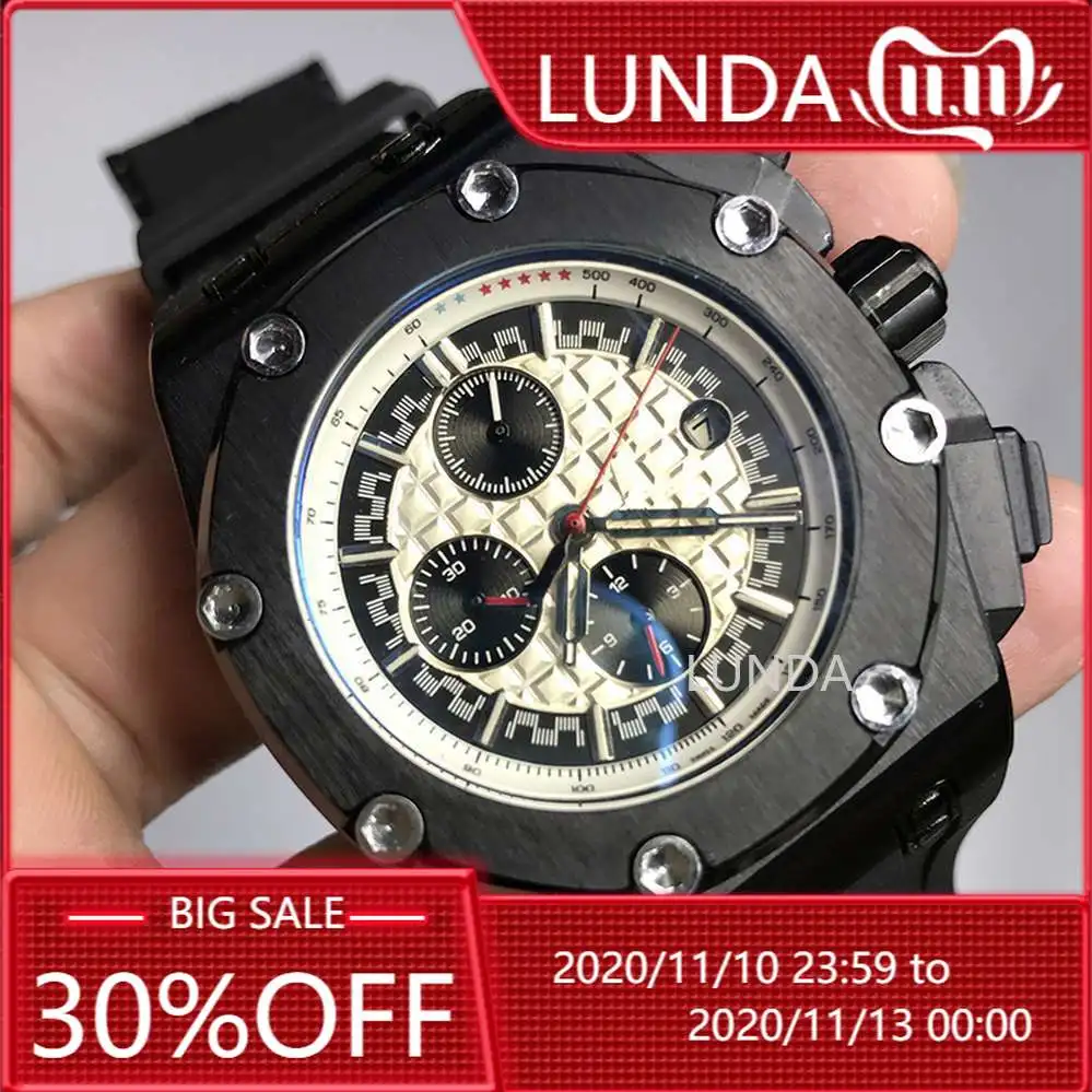 AAA quality Mens black watch iced out quartz watches chronograph function works well royal A-p style oak wristwatches