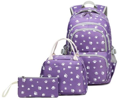 aangekomen 3 stks/set school rugzak voor tiener meisjes cartoon afdrukken kinderen schooltassen Laptop rugzak Reistassen mochila paars