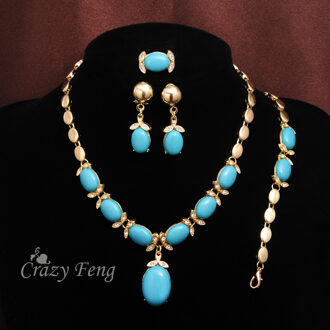 Aankomen Zinklegering Sieraden Blauwe Steen Kristal Ketting Armband Oorbellen Ring Goud-kleur Sieraden Sets Voor Vrouwen