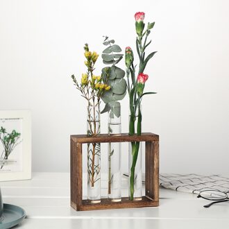 Aankomst Hydrocultuur Planten Container Met Houten Frame Clear Glazen Reageerbuis Vaas Voor Home Decoratie 3stk