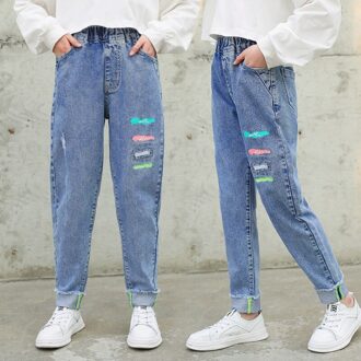 Aankomst Meisje Jeans Tiener Meisjes Skinny Jeans Kinderen Klassieke Mid Taille Print Jeans Meisjes Blauw Denim Broek Kids Meisjes kleding 150