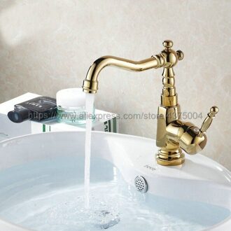 Aanrecht Kraan Goud Messing 360 Graden Turn Basin Kraan Water Tap Enkele Handgreep Koud en Warm Water Ngf003