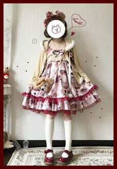 Aardbei Servies Afdrukken Lotusblad Mesh Kant Jsk Lolita Retro Print Lolita Gelaagde Jarretel Jurk Beige