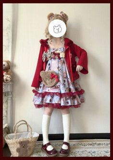 Aardbei Servies Afdrukken Lotusblad Mesh Kant Jsk Lolita Retro Print Lolita Gelaagde Jarretel Jurk Blauw