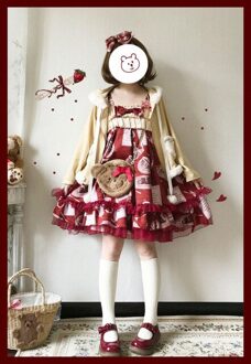 Aardbei Servies Afdrukken Lotusblad Mesh Kant Jsk Lolita Retro Print Lolita Gelaagde Jarretel Jurk wijn rood