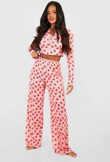 Aardbeienprint Pyjama Set Met Top Met Knoopsluiting En Lange Mouwen & Broek, Red - 42