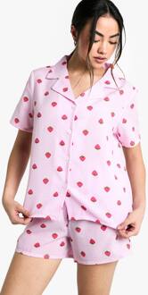Aardbeienstreep Overhemd & Korte Pyjama Set, Pink - 36