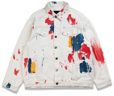 Aboorun Mannen Denim Jasje Mode Geschilderd Jean Jas Hi Straat Lente Herfst Jas Voor Koppels Y3001 wit / L