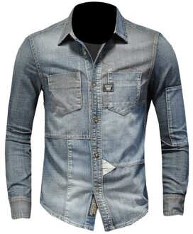 Aboorun Mannen Retro Patchwork Denim Shirts Hi Lange Mouwen Katoenen Shirts Voor Mannelijke Xl