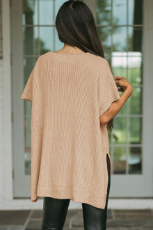 Abrikozen Korte Mouw Zijsplit Oversized Trui Beige