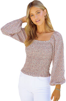 Abrikozen Vierkante Halslijn Puff Mouwen Bloemige Gerimpelde Top Huidkleurig