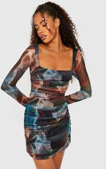Abstract Jurk Met Vierkante Hals En Gerafelde Mesh Bodycon, Multi - 36