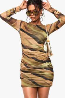 Abstract Mesh Ruched Mini Jurk, Olive - 44