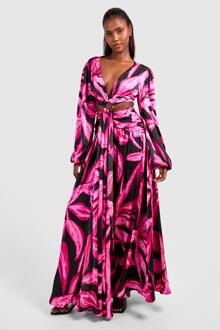 Abstract Print Cut Out Ring Detail Maxi Dress, Hot Pink - 16