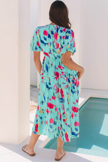 Abstract Print Midi-Jurk met Flatterende Mouwen Turquoise