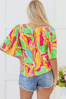 Abstracte Afdruk Korte Mouw Blouse Limoengroen