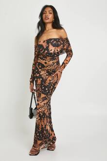 Abstracte Bedrukte Bardot Maxi Jurk, Brown - 42