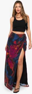 Abstracte Bloemmotief Chiffon Gespleten Maxi-Rok, Black - 38