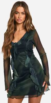 Abstracte Mesh Mini Jurk Met Flare Mouwen, Green - 36