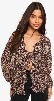 Abstracte Print Chiffon Blouse Met Ruches, Black - 38