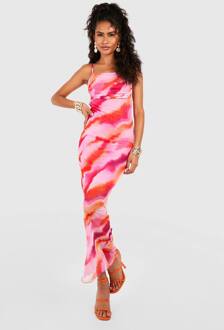 Abstracte Print Mesh Maxi Slip Jurk, Pink - 44