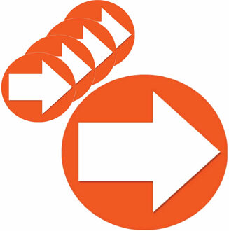 Accent pijl sticker - 8x stuks - Rond Dia 15 cm - oranje met witte pijl - Richting/route aanwijzen