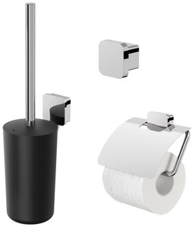 Accessoires Set Geesa Topaz Toiletborstelhouder Handdoekhaak Klein en Toiletrolhouder Chroom Wit Chroom