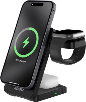 Accezz 3-in-1 Opvouwbare Draadloze MagSafe Oplader - 20W - Zwart - One size
