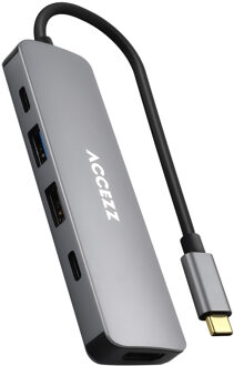 Accezz 5-in-1 USB-C Hub - 4K 30Hz Ultra HD - 100 Watt opladen - Docking station Donkergrijs - One size