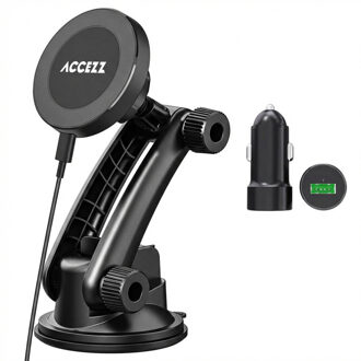 Accezz Telefoonhouder auto met MagSafe - Draadloze oplader - Dashboard en voorruit - Zwart - One size