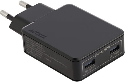 Accezz Ultra Slim GaN Oplader - 2x USB-C - 65W - Zwart - One size