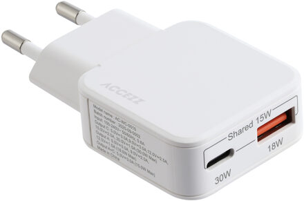 Accezz Ultra Slim GaN Oplader - USB-C + USB-A - 30W - Wit - One size