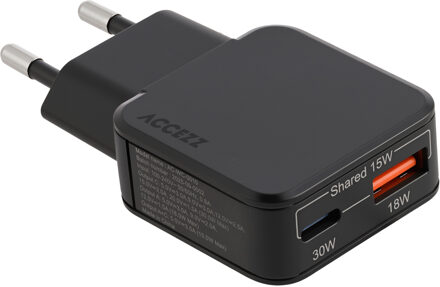 Accezz Ultra Slim GaN Oplader - USB-C + USB-A - 30W - Zwart - One size