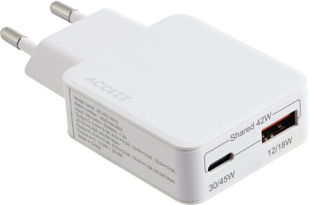 Accezz Ultra Slim GaN Oplader - USB-C + USB-A - 45W - Wit - One size