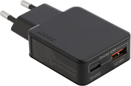 Accezz Ultra Slim GaN Oplader - USB-C + USB-A - 45W - Zwart - One size