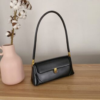ACELURE Small Solid PU Leather Handbags Shoulder Bag for Women Ladies Crossbody Flap Bags Baguette Bag zwart
