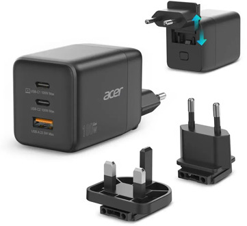 Acer GaN charger, 2 x USB-C + 1x USB-A ports Oplader Zwart