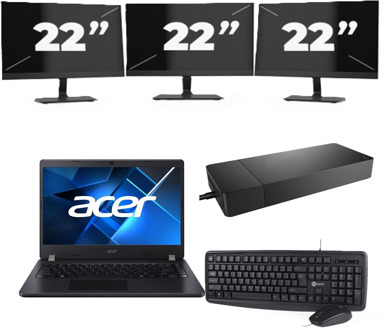 Acer TravelMate P214-53 - Intel Core i3-11e Generatie - 14 inch - 16GB RAM - 256GB SSD - Windows 11 Home + 3x 22 inch Monitor