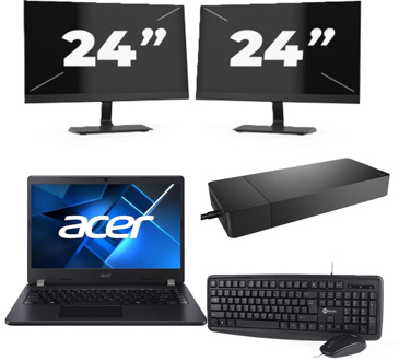 Acer TravelMate P214-53 - Intel Core i3-11e Generatie - 14 inch - 8GB RAM - 256GB SSD - Windows 11 Home + 2x 24 inch Monitor