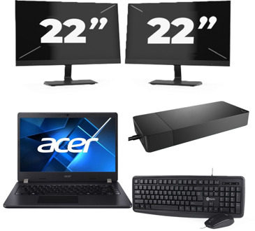 Acer TravelMate P214-53 - Intel Core i5-11e Generatie - 14 inch - 16GB RAM - 256GB SSD - Windows 11 Home + 2x 22 inch Monitor