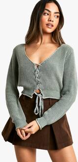 Acid Wash Crop Cardigan Met Vetersluiting, Khaki - L