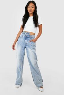 Acid Wash Gebleekte Jeans Met Asymmetrische Tailleband En Rechte Pijpen, Acid Wash Light Blue - 40