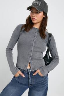 Acid Wash Top Met Knoopsluiting En Lange Mouwen, Charcoal - 40
