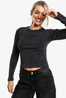 Acid Wash Top Met Lange Mouwen En Uitsnijding Aan De Rug, Charcoal - 36