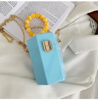 Acryl Box Clutch Purse Candy Kleur Hexagon Vorm Crossbody Handtas Tonvormige Schoudertas Vrouwen Tas Met Pearl Chain Blauw