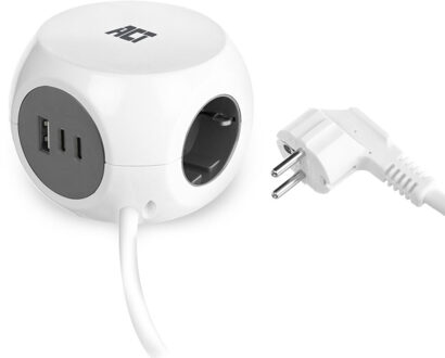 ACT Stekkerdoos kubus met 3 stopcontacten, 30W Power Delivery USB-C/A poorten, kabellengte 1,5m Stekkerdoos