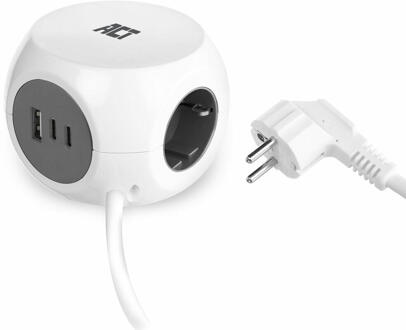 ACT Stekkerdoos kubus met 3 stopcontacten, 30W Power Delivery USB-C/A poorten, kabellengte 1,5m Stekkerdoos