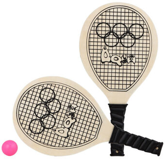 Actief speelgoed tennis/beachball setje houtkleurig met tennisracketmotief - Beachballsets Zwart