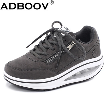 ADBOOV Air Sole Body Shape Wedge Platform Sneakers Women Genuine Leather Fitness Gym Rocker Bottom Shoes Zip Design Toning Shoes